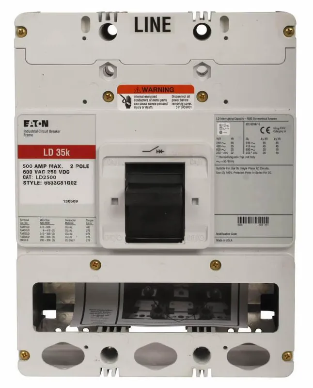 Clearance LD2500C - Eaton - Molded Case Circuit Breaker - Feed-Thru - 500 Amp - 2 Pole - 600 Volt