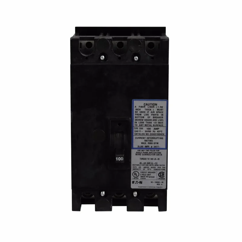Free Returns CHH3100H2X - Eaton - 100 Amp Molded Case Circuit Breaker - Bolt-On - 100 Amp - 3 Pole - 240 Volt