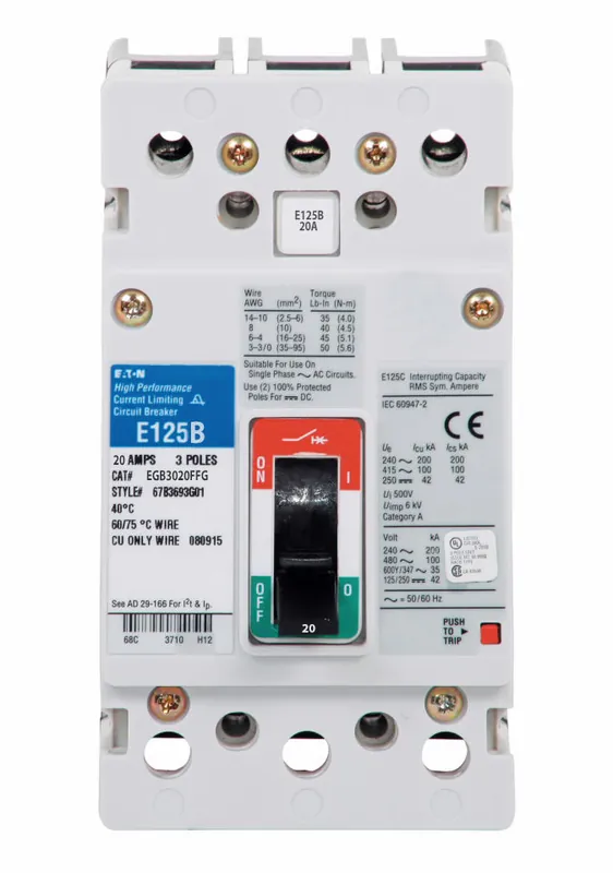 EGB3020FFG - Eaton - Molded Case Circuit Breaker - Feed-Thru - 20 Amp - 3 Pole - 480 Volt Top Rated