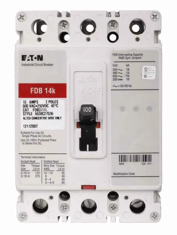 Discount FDB3010L - Eaton - Molded Case Circuit Breaker - Feed-Thru - 10 Amp - 3 Pole - 600 Volt