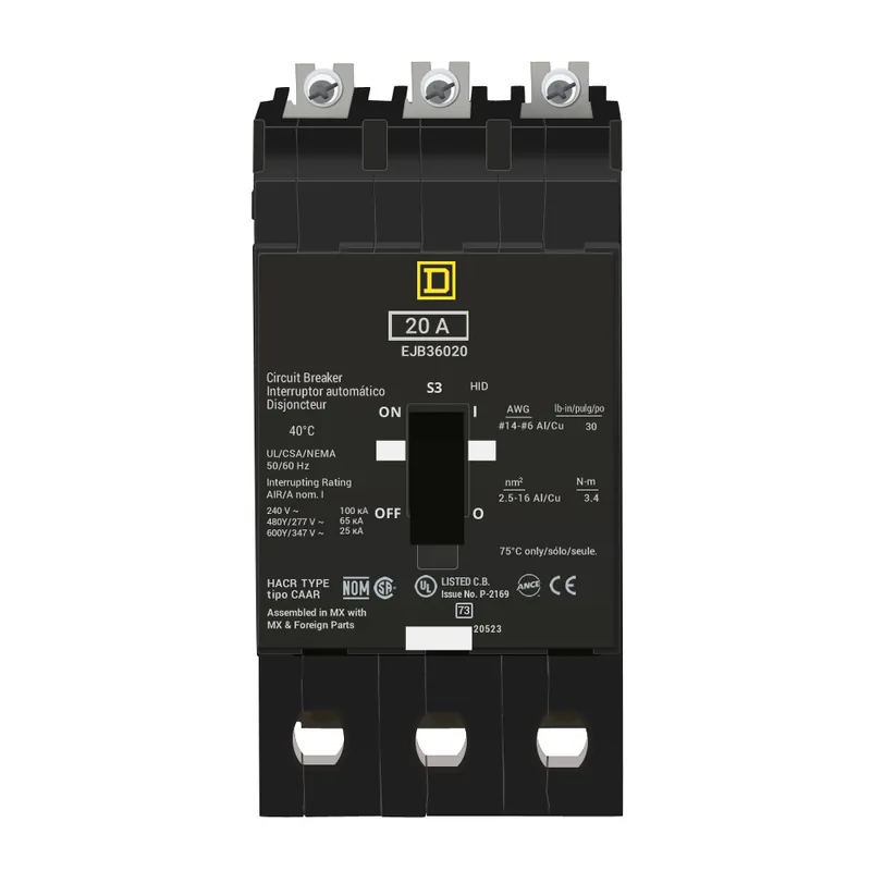 Worldwide Shipping EJB36020 - Square D - Molded Case Circuit Breaker - Bolt-On - 20 Amp - 3 Pole - 600 Volt