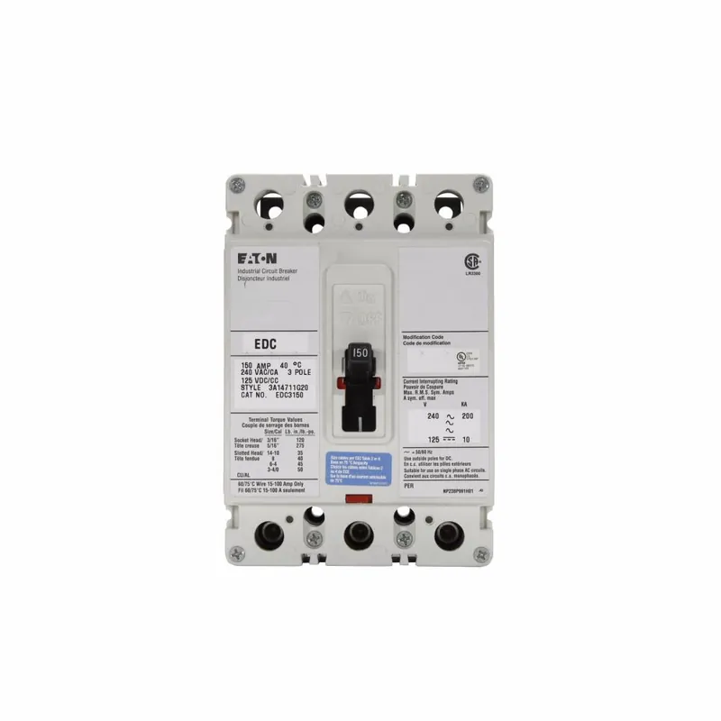 EDC3150L - Eaton - Molded Case Circuit Breaker - Feed-Thru - 150 Amp - 3 Pole - 240 Volt Buy Online