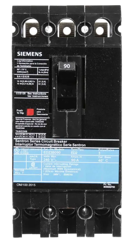ED23B090L - Siemens - Molded Case Circuit Breaker - Feed-Thru - 90 Amp - 3 Pole - 240 Volt Place Order