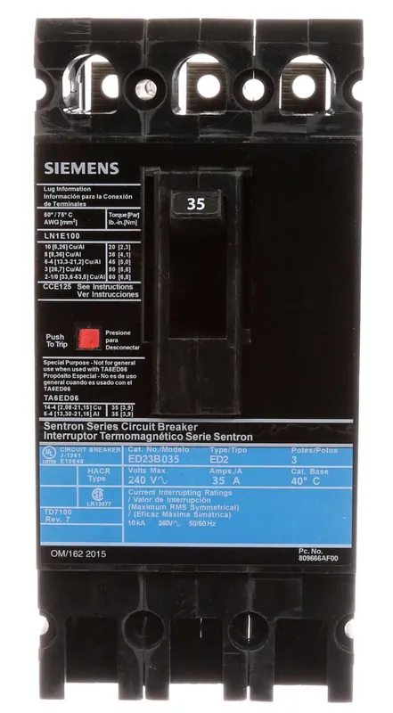 Affordable ED23B035 - Siemens - Molded Case Circuit Breaker - Bolt On - 35 Amp - 3 Pole - 240 Volt