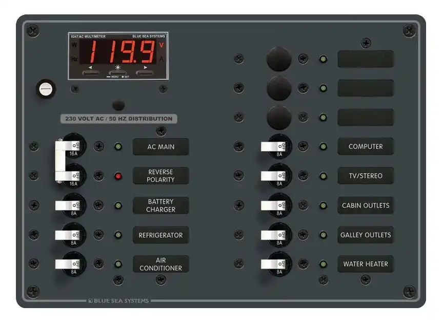 Free Delivery Blue Sea Systems European AC Main Power Distribution Panel 230V AC with 11 Positions and Digital Multi-Function Meter - 8507