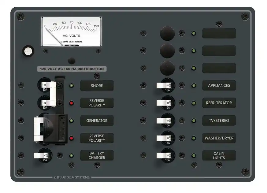 Blue Sea Systems AC 2 Sources Main Source Selector Panel Plus 9 Positions 120V AC - 8462 Exclusive