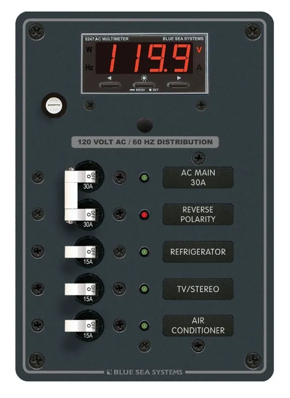 Blue Sea Systems AC Main Panel 3 Position with Digital Multi-Function Meter 120V AC - 8405 Modern