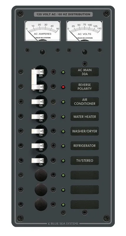 Blue Sea Systems AC Main Plus 8 Positions Power Distribution Panel 120V AC with Voltmeter and Ammeter - 8074 Fan Favorite