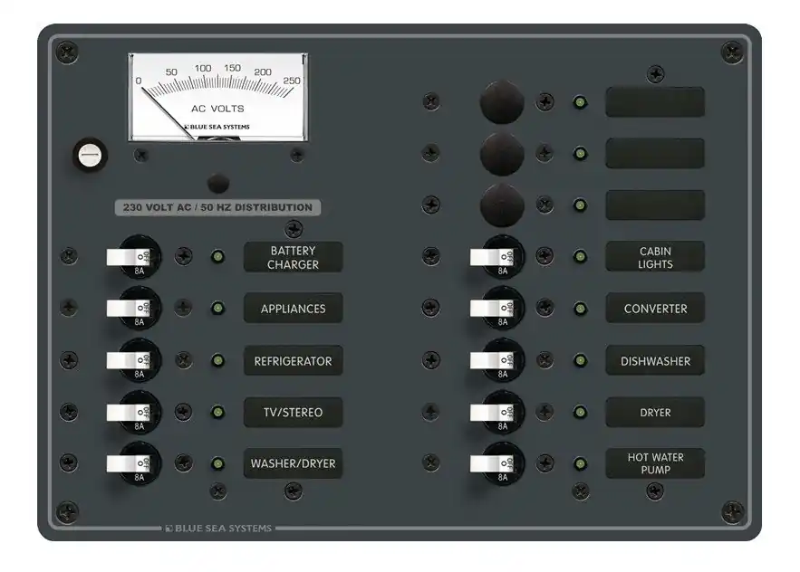 Flash Sale Blue Sea Systems European AC Power Distribution Panel 230V AC with 13 Positions and Voltmeter - 8579