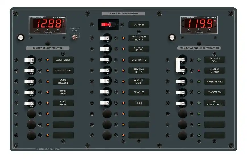 Blue Sea Systems Power Distribution Panel 12/24V DC AC Main Plus 6 Positions/DC Main Plus 18 Positions - 8408 Bargain