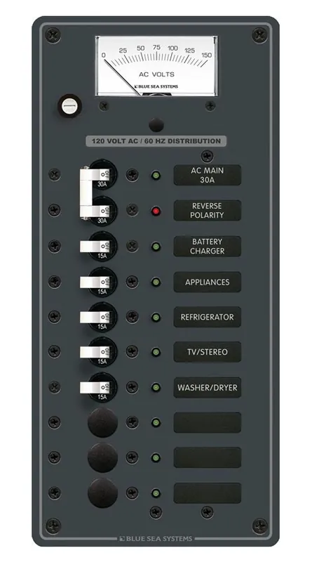 Blue Sea Systems AC Main Plus 8 Positions Distribution Panel 120V AC with Voltmeter - 8488 Get Yours