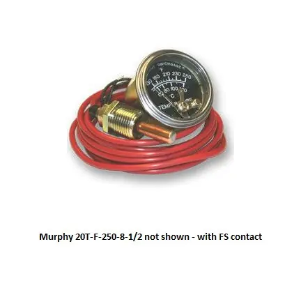 Murphy 130-250F Temperature Swichgage 2 in. w/ FS Contact, 8 Ft Capillary and Plated Steel Case - 20T-F-250-8-1/2 Original