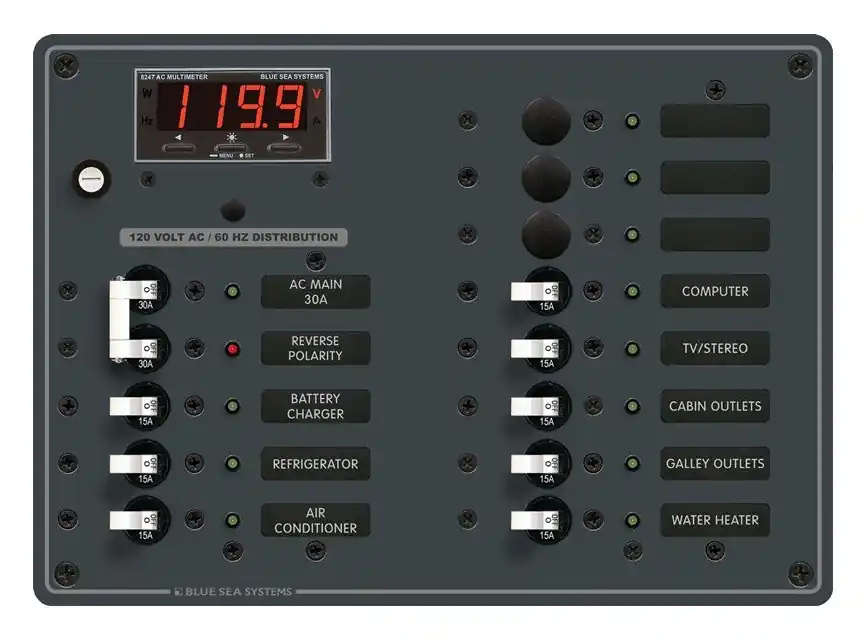 Blue Sea Systems AC Main Plus 11 Positions Power Distribution Panel 120V AC with Digital Multi-Function Meter - 8407 Crafted