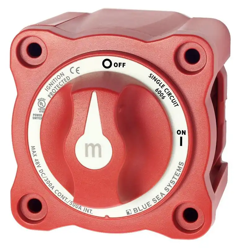 Fresh Stock Blue Sea Systems m-Series Single Circuit Mini ON/OFF Battery Switch 48VDC with Knob in Red - 6006