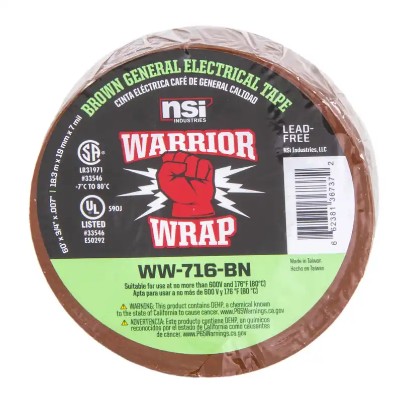Worldwide Shipping Professional Vinyl Electrical Tape, 3/4" x 60', Brown